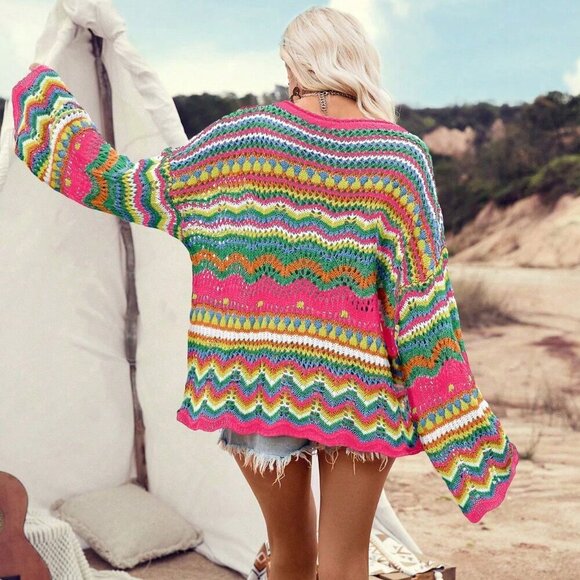 Multicolor Casual Women's Hollow Out Wave Pattern Long Sleeve Pullover Sweater - Picture 2 of 7